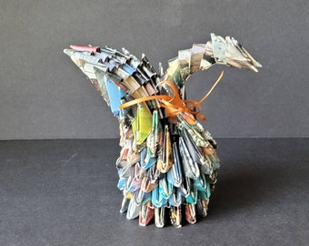 Vintage 3D Prison Art Swan Dragon Vase Handmade Folded Paper Chinese Origami