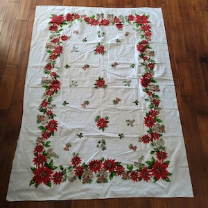 Toalha de mesa vintage de poinsétia de Natal 60&quot; x 82&quot; branca com pinhas douradas e sinos