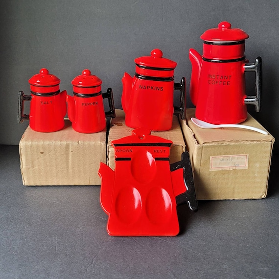 Vintage Red Ceramic Coffee Pot Kitchen Set Spoon Rest Salt Pepper Napkin Holder Instant Coffee Container With Spoon NIB Japan Etsy Canada