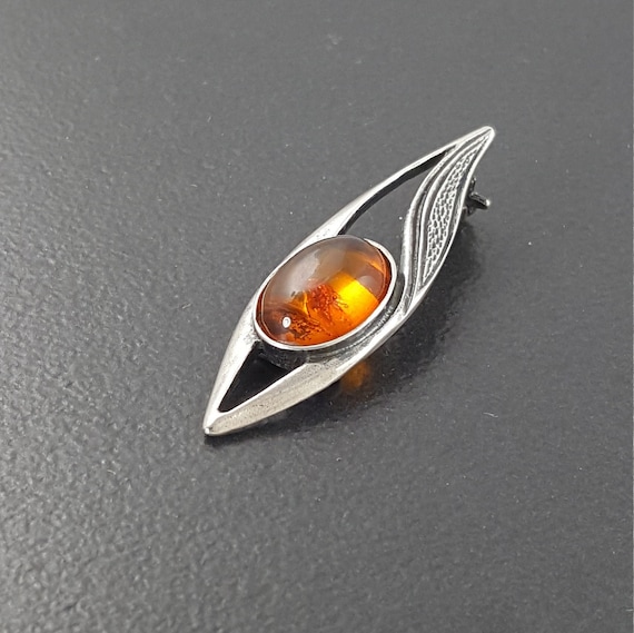 Vintage Sterling Silver Amber Pin Brooch 925 Art … - image 1