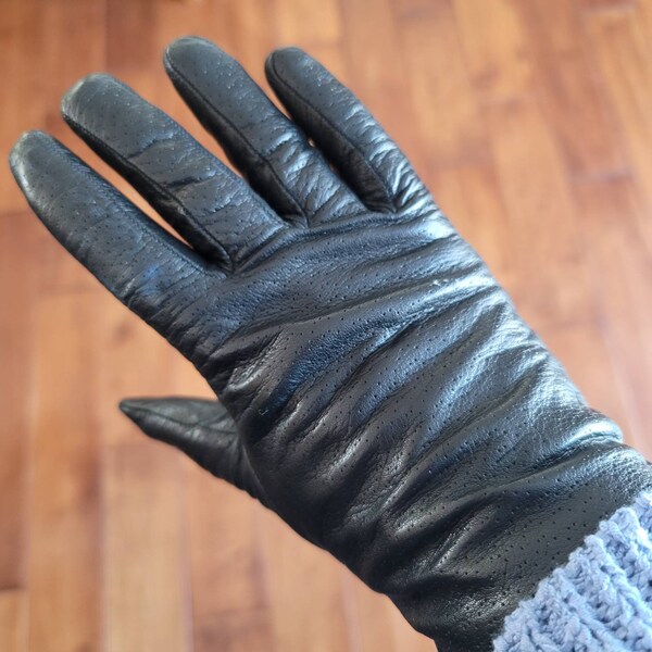 Vintage Black Leather Portolando Gloves Womens Size 6.5 Lambs Wool Lining Made in Italy soft winter driving gloves