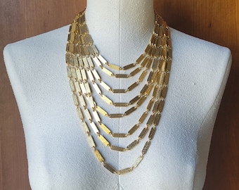 Vintage Long Multi Strand Layered Gold Tone Metal Statement Necklace