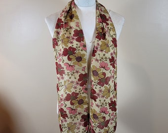 Vintage Long Flower Print 7.5 x 64" Head Scarf Beige Cranberry Pink Green Mod Retro