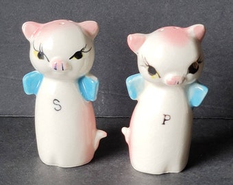 Vintage Anthropomorphic Ceramic Pig Salt & Pepper Shaker Set Japan