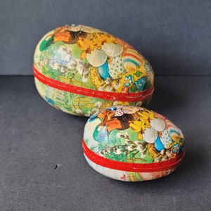 Zestaw 2 zabytkowych jajek wielkanocnych z papieru mache, pojemniki wykonane w Niemczech Zachodnich, wypełniacz do koszyków, dekoracja decoupage, kaczki, kurczaki