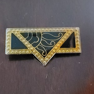 Vintage Pierre Bex Style Black Enamel Geometric Art Deco Revival Bar Brooch Pin Rectangular Dk Silver Sun Sunshine Rays Clear Triangle Point