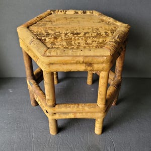 Vintage Hexagon Burnt Tortoise Bamboo Rattan Plant Stand Side Table Drink Stool Riser