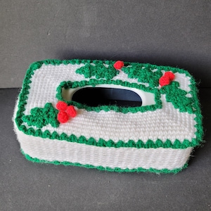 Vintage Crocheted Christmas Holly Berry Tissue Box Cover Handmade