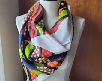 Vintage Scarf Square Navy Green Orange White 100% Silk Geometric 28" Head Neck Bandana