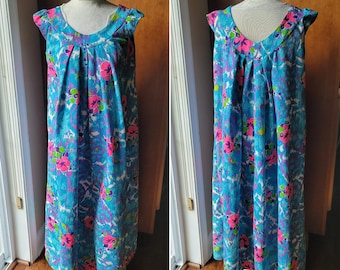 Vintage 70s  Karen Ann Hawaiian Bark Cloth Abstract Floral Print Cap Sleeve Maxi Dress Size M