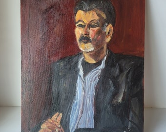 Vintage Portrait "Fernando" Expressionist Oil Painting by Rosemary Rabut 16x20 Red Black White Philadelphia Artist