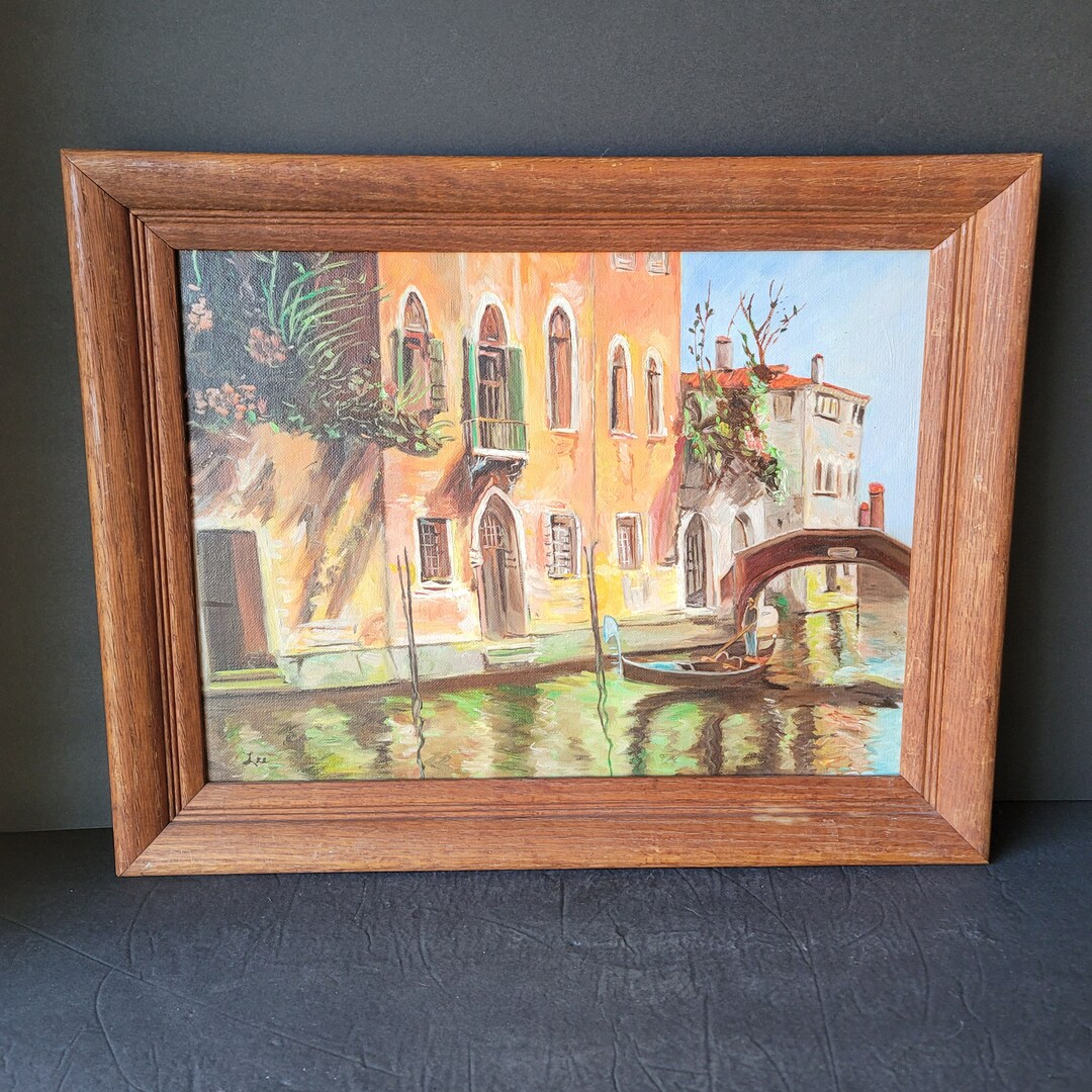 70年代のヴィンテージ、ヴェネツィアの運河を描いた額入り油絵。署名