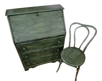 Vintage 1950s Solid Wood Green Secretary Desk and Chair - Set of 2 PICK UP ONLY