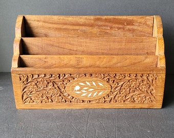 Vintage Carved Wood Floral Letter Mail Desk Organizer Made in India Pier 1