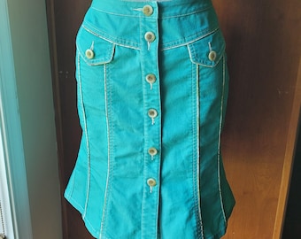 Falda vintage estilo tulipán estilo sirena con botones delanteros de mezclilla verde azulado y ribete en contraste, talla 6
