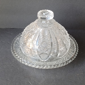 Vintage Cut Glass Round Covered Butter Cheese Dish Pressed Glass