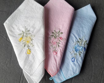 Vintage Lot Embroidered Rose Handkerchiefs Lot of 3 White Pink Blue Hanky