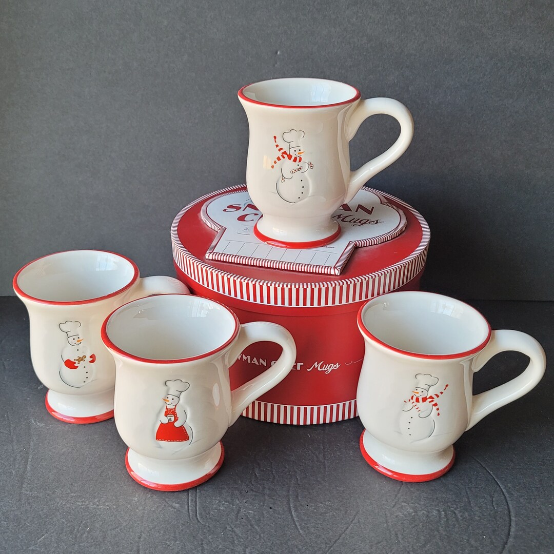 Vintage Williams Sonoma Snowman Chef Mug Set of 4 New in Box Red White Christmas Coffee Hot