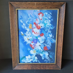 Vintage &quot;Blue Flowers&quot; Still Life Framed Oil Painting Signed Dated Blue White Red Yellow