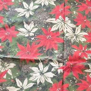 Vintage Christmas Poinsettia Tablecloth 58x49&quot; Red White Green Table Cloth Cover
