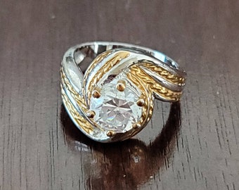Vintage Faux Diamond Solitaire Ring Gold Silver Tone