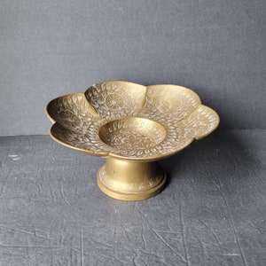 Vintage Etched Brass Footed Bowl India Scalloped Edge Pedestal Centerpiece Compote Meditation
