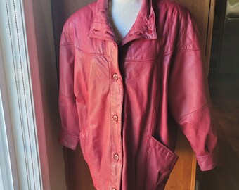 Womens Vintage Pelle Cranberry Red Leather Coat Size Large Oversized Boxy Shoulder Pads 80s fashion retro vintage style