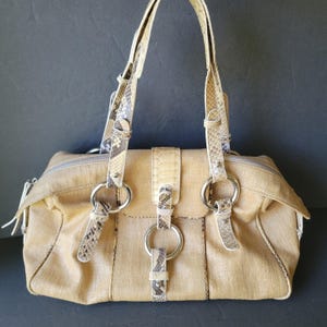 Vintage Gianfranco FERRE Beige Canvas Shoulder Bag with Snakeskin Trim & Silver Rings Italian Designer Y2K Satchel