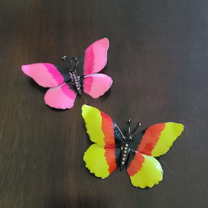 Vintage Enamel Butterfly Brooch Pin Set of 2 Rhinestones Pink Yellow 1960s