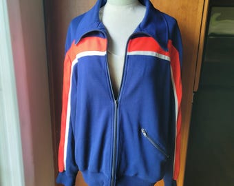 Chaqueta deportiva azul vintage de los años 70 con cuello de daga y diseño de ciervo blanco de Actionsports, Mr. Roper, ropa deportiva retro, fabricada en Corea.