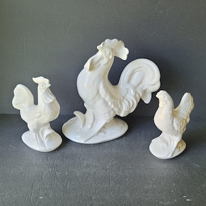 Vintage Large White Ceramic Rooster Hen Chicken Set of 3 Figurines Farmhouse Cottagecore