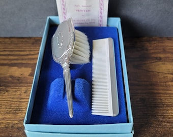 Vintage Web Pewter Baby Hair Brush & Comb in Original Box