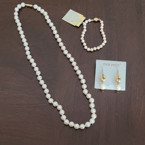 Vintage marvella falso pérola colar pulseira brinco conjunto tom de ouro amor nó casamento nupcial novo com tags