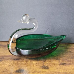 Vintage Handblown Art Glass Emerald Green Swan Trinket Dish Candy Bowl Ashtray MCM