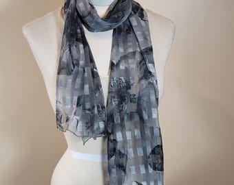Long Metallic Rose Print Head Neck Scarf 13.5 x 60" Black Gray Silver Gold