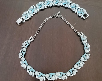 Vintage Baby Blue Enamel Silver Tone Demi-Parure Choker Necklace and Bracelet Set 1940s
