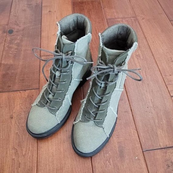 Olive Green Canvas Patchwork Combat Boots Size 8.5 - image 2