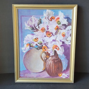 Vintage &quot;Poppies in a Pitcher&quot; Still Life Framed Oil Painting Signed Dated Blue White Brown