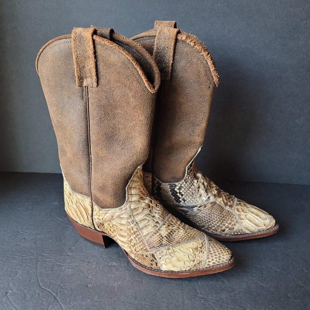 Stivali Cowboy 17625 Gene In Pelle E Pitone Naturale, Colore Marrone, Suola Goodyear, Fatti In Spagna