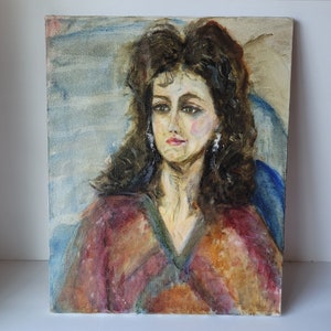 Vintage Portrait Woman With Earrings 1991 Oil Painting by Rosemary Rabut