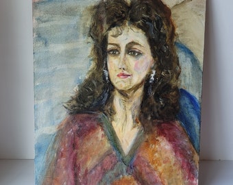 Vintage Portrait Woman With Earrings 1991 Oil Painting by Rosemary Rabut