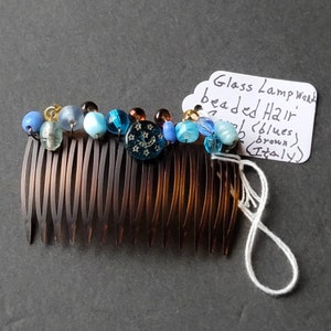 Vintage Glass Lampwork Beaded Blue Brown Decorative Hair Comb Made in Italy