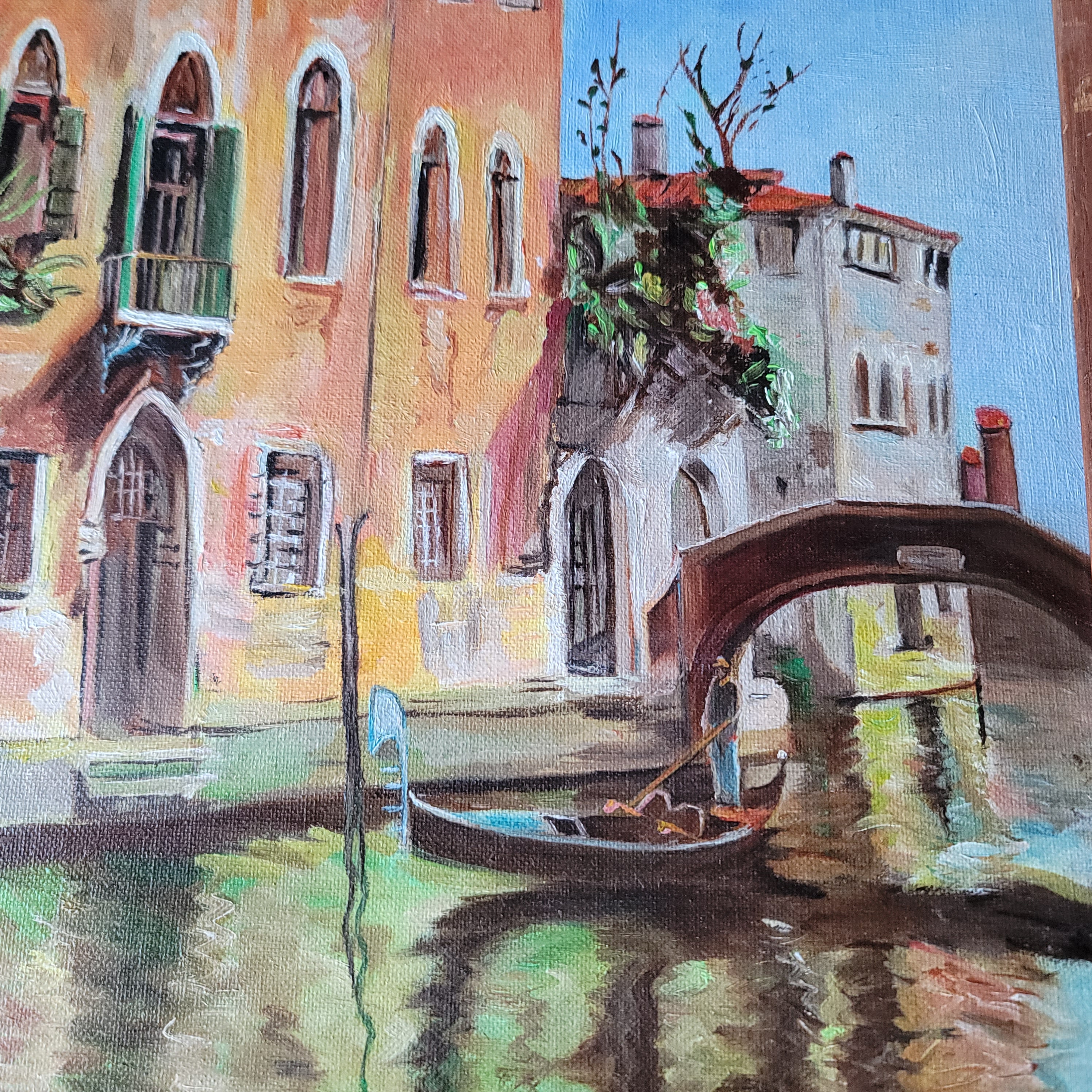 70年代のヴィンテージ、ヴェネツィアの運河を描いた額入り油絵。署名