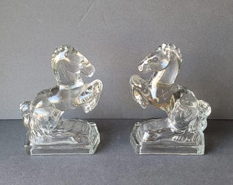 Vintage L E Smith Clear Pressed Glass Horse Bookends Set of 2