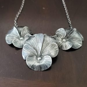 Vintage Sterling Silver Three Pansy Flower Necklace by Stuart Nye Signed NYE Art Nouveau