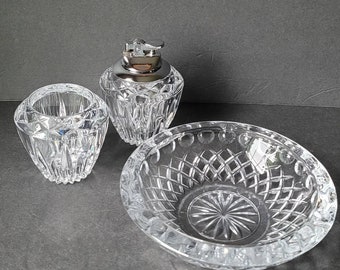 Cut Crystal Large Ashtray Lighter and Cigarette Holder Set of 3 Heavy 7” Cigar Ashtray lead crystal chunky round thick sparkly