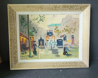 Vintage Mid Century Modern French Cityscape Oil Painting on Board Framed Signed