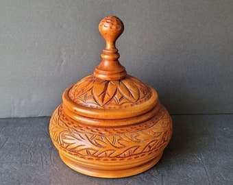 Vintage Arts and Crafts Hand Carved Wooden Lidded Vessel Container Bowl