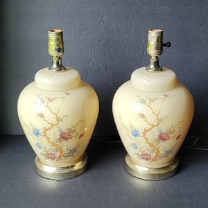 Pair of Vintage Pale Yellow Floral Ginger Jar Table Lamps Chinoiserie Asian Inspired Bedroom Living Room