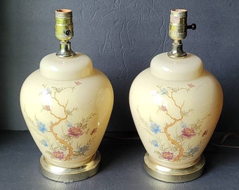 Pair of Vintage Pale Yellow Floral Ginger Jar Table Lamps Chinoiserie Asian Inspired Bedroom Living Room